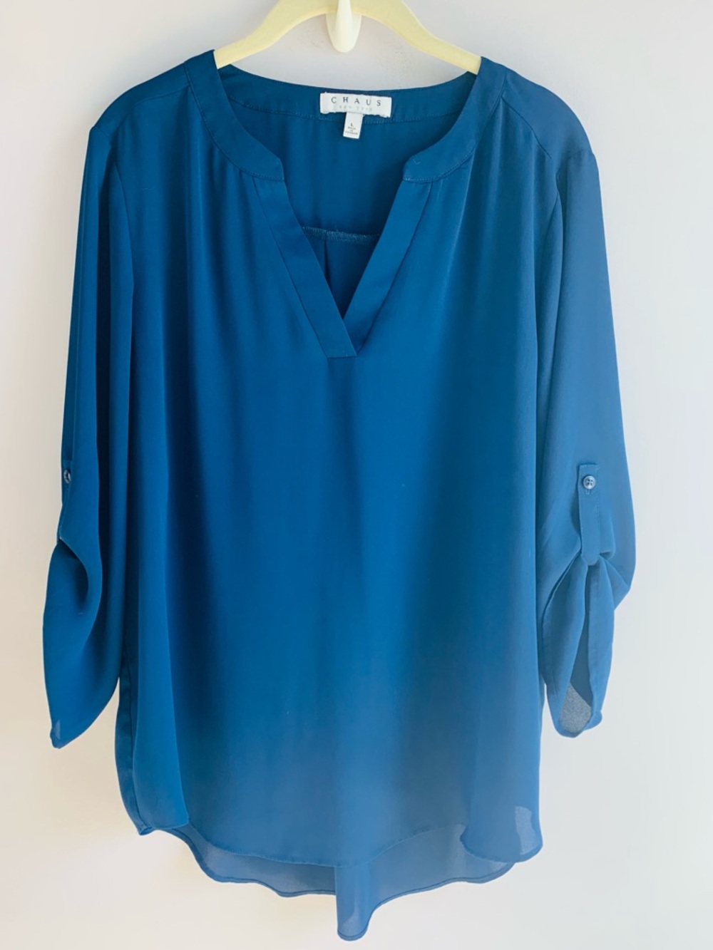 Chaus Long Sleeve Blouse Navy Blue Notch Neck Lightweight Flowy Office EUC Large